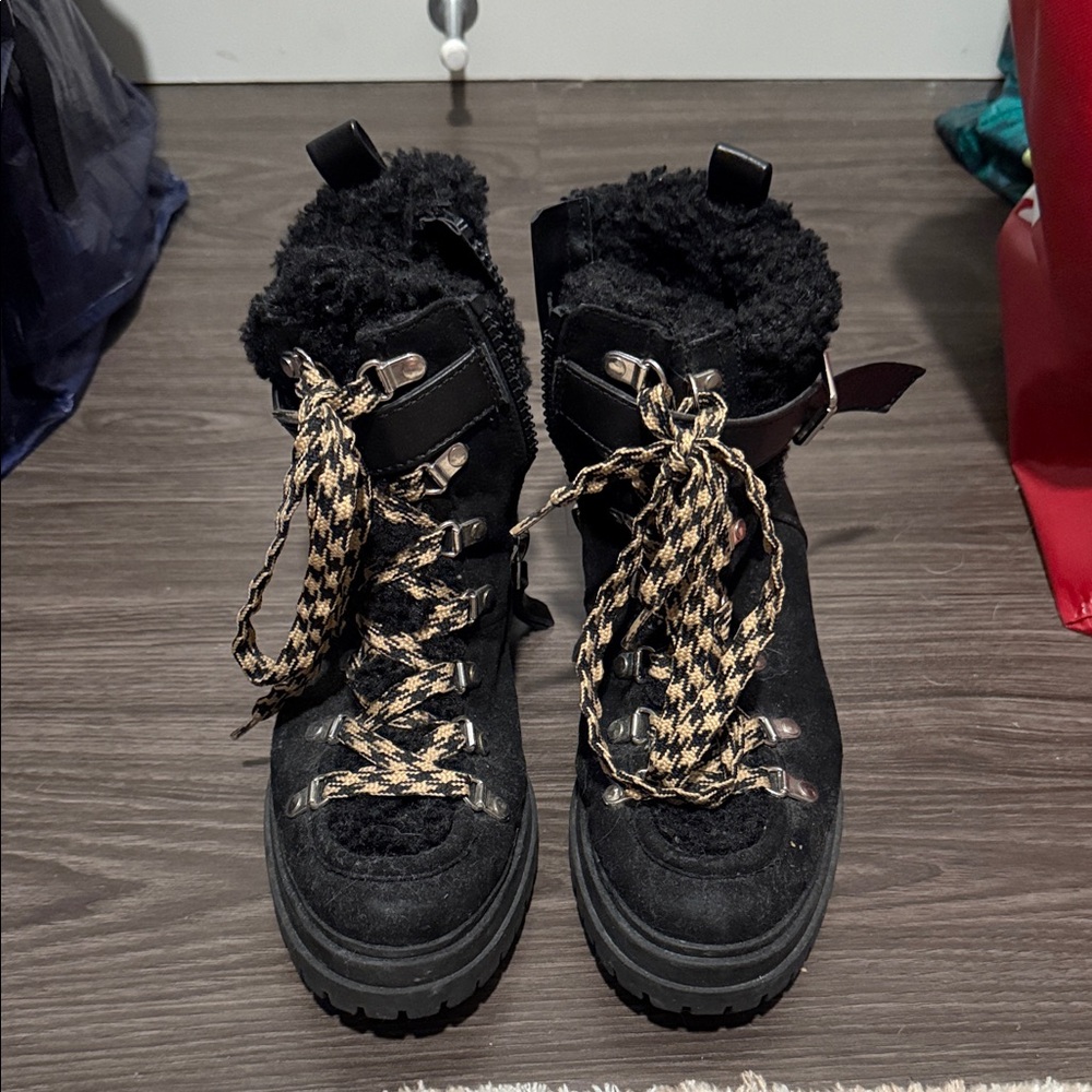 Sam Edelman Black Faux-Shearling Lace-Up Winter Boots
